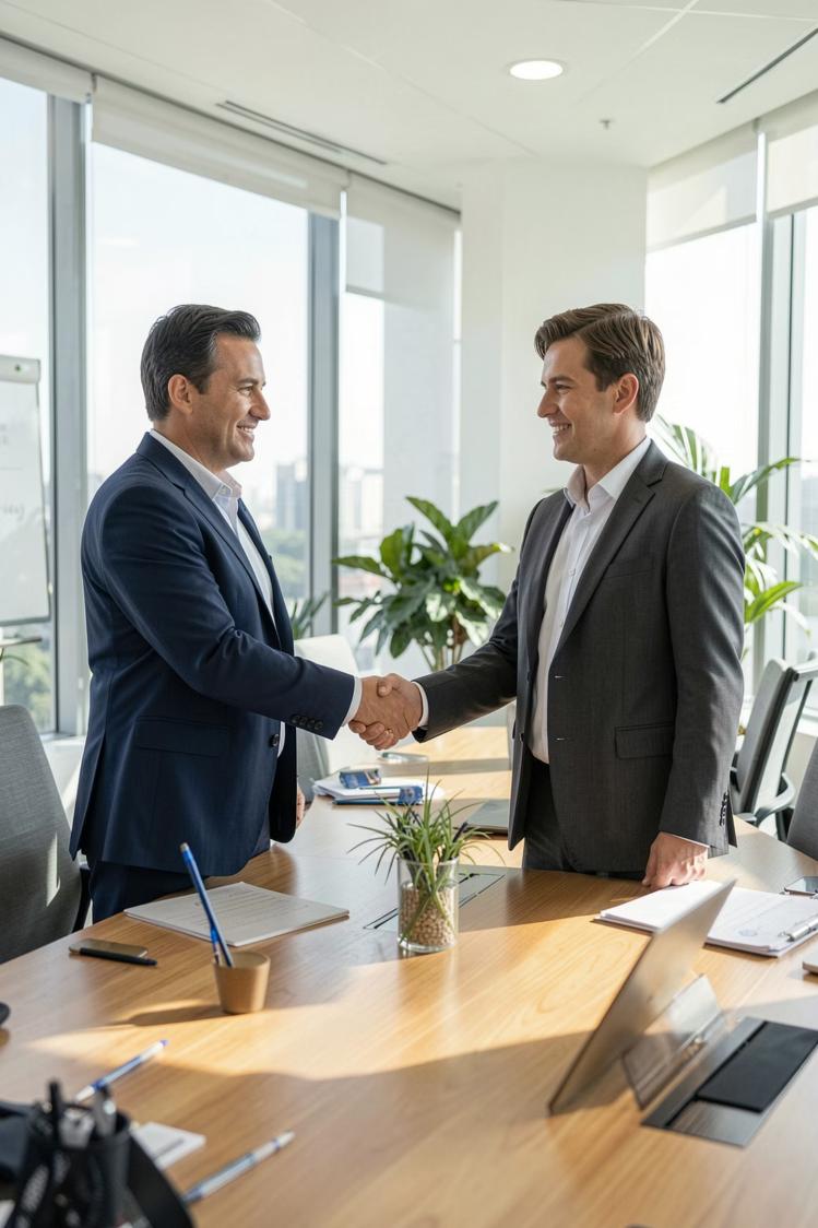 Due professionisti si stringono la mano in un ufficio luminoso